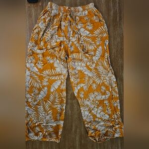 Bohemian Tropical Leaf Print Pants Yellow Palazzo Pants Wide Leg Small